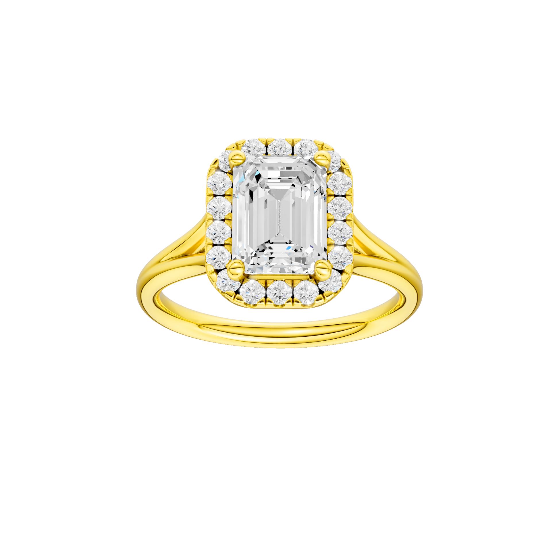 Emerald-cut diamond engagement ring with a plain band and halo setting.