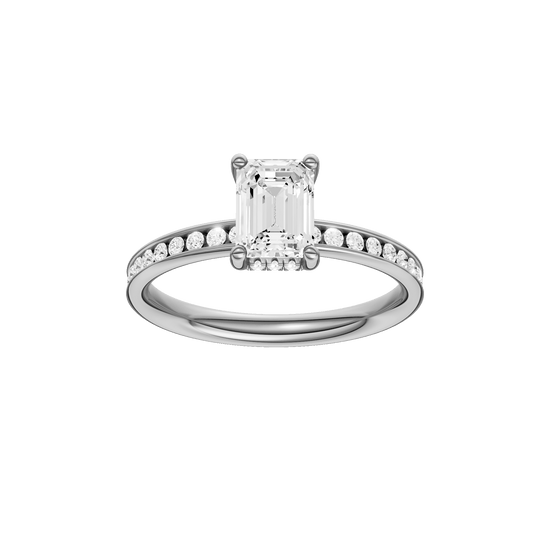 Emerald-cut diamond engagement ring with a channel-set diamond band and hidden-halo setting.