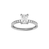 Emerald-cut diamond engagement ring with a channel-set diamond band and hidden-halo setting.