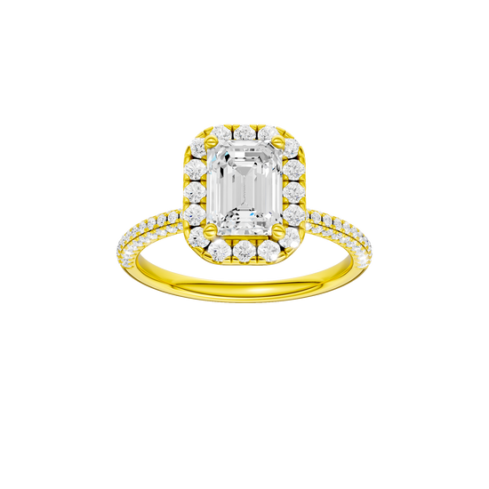 Emerald-cut diamond engagement ring with a pavé-set diamond band and halo setting.