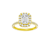 Emerald-cut diamond engagement ring with a pavé-set diamond band and halo setting.