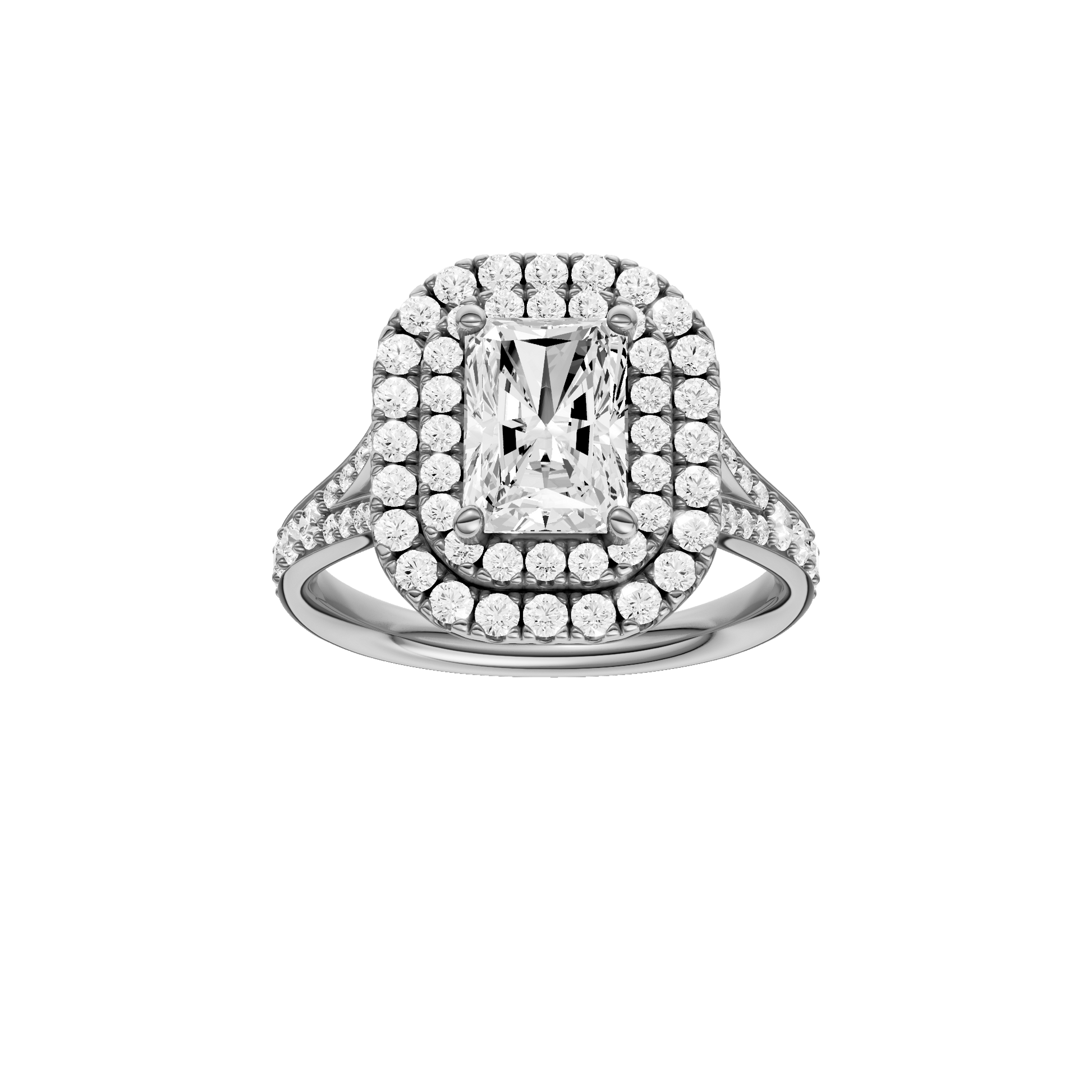Radiant-cut diamond engagement ring with a channel-set diamond band and double-halo setting.