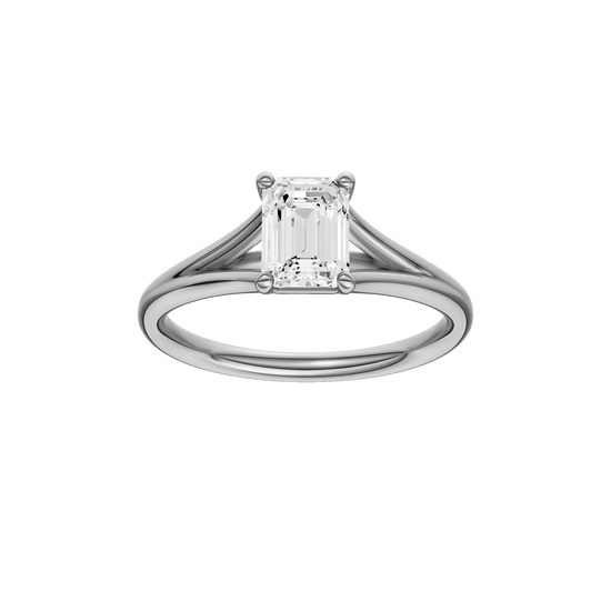 Emerald-cut diamond engagement ring with a plain band and solitaire setting.