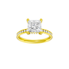 Princess-cut diamond engagement ring with a channel-set diamond band and hidden-halo setting.