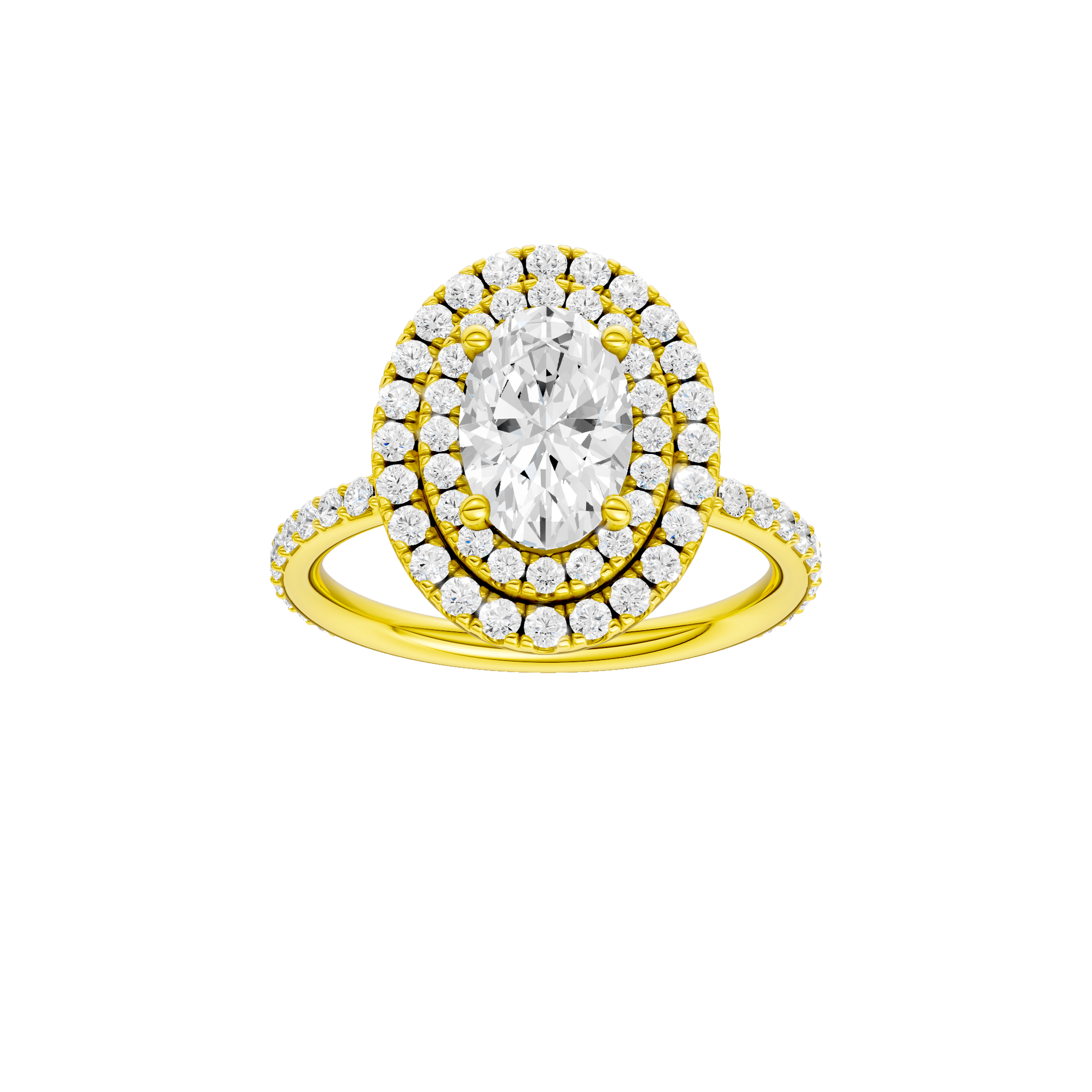 Oval-cut diamond engagement ring with a prong-set diamond band and double-halo setting.