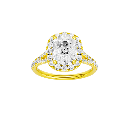 Elongated cushion-cut diamond engagement ring with a prong-set diamond band and halo setting.