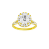 Elongated cushion-cut diamond engagement ring with a prong-set diamond band and halo setting.