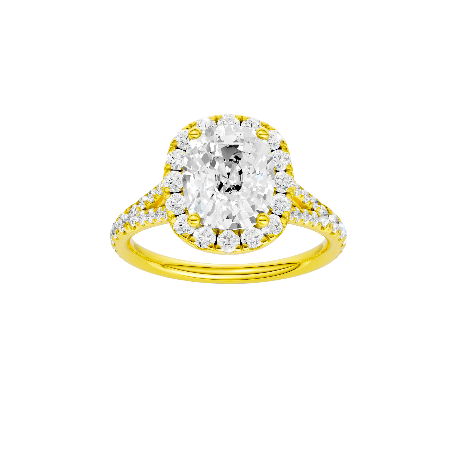 Elongated cushion-cut diamond engagement ring with a prong-set diamond band and halo setting.