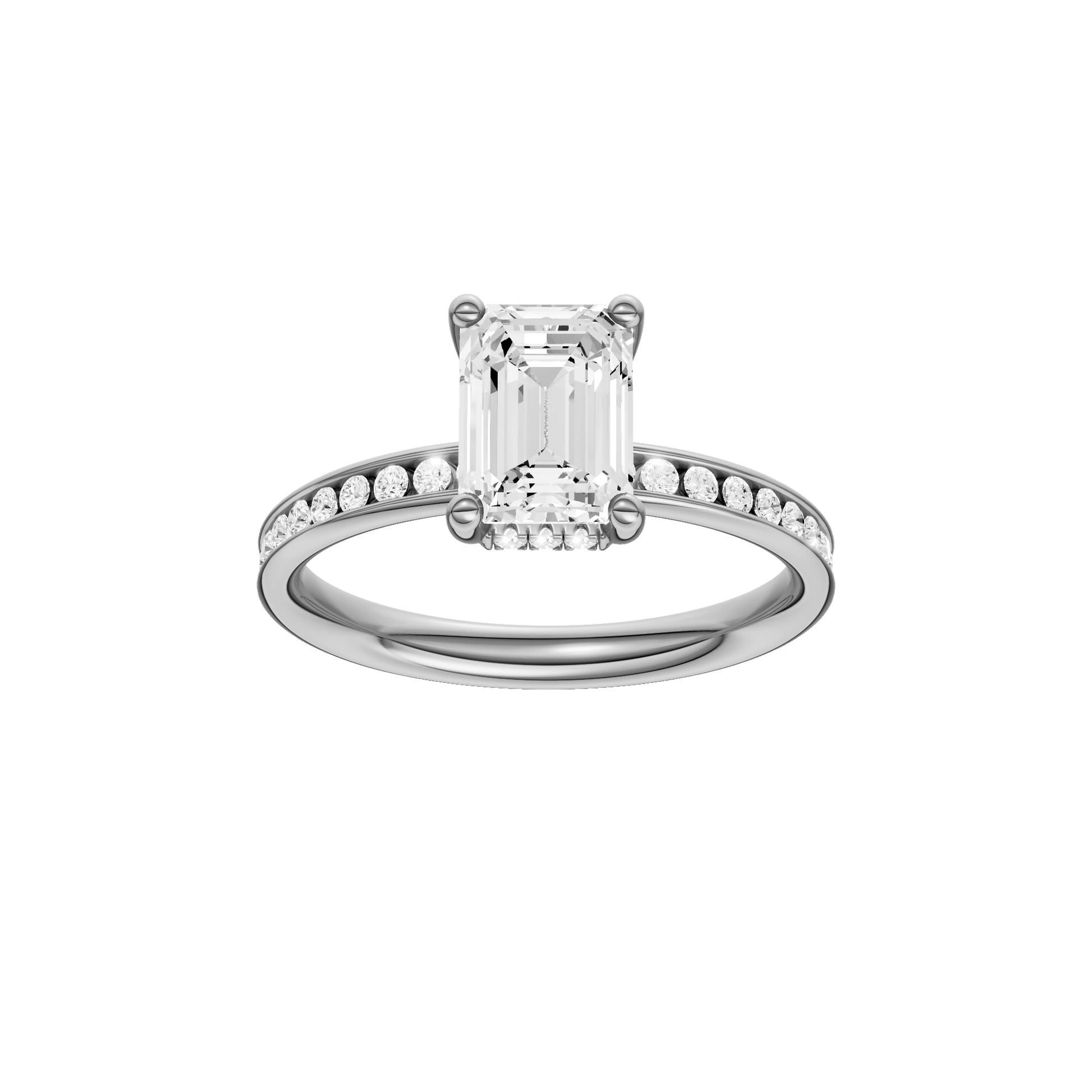 Emerald-cut diamond engagement ring with a channel-set diamond band and hidden-halo setting.