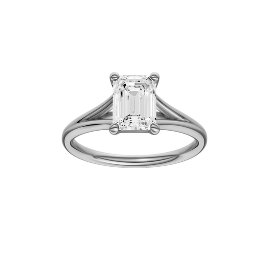 Emerald-cut diamond engagement ring with a plain band and solitaire setting.