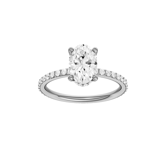 Oval-cut diamond engagement ring with a prong-set diamond band and hidden-halo setting.