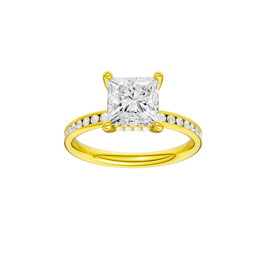 Princess-cut diamond engagement ring with a channel-set diamond band and hidden-halo setting.