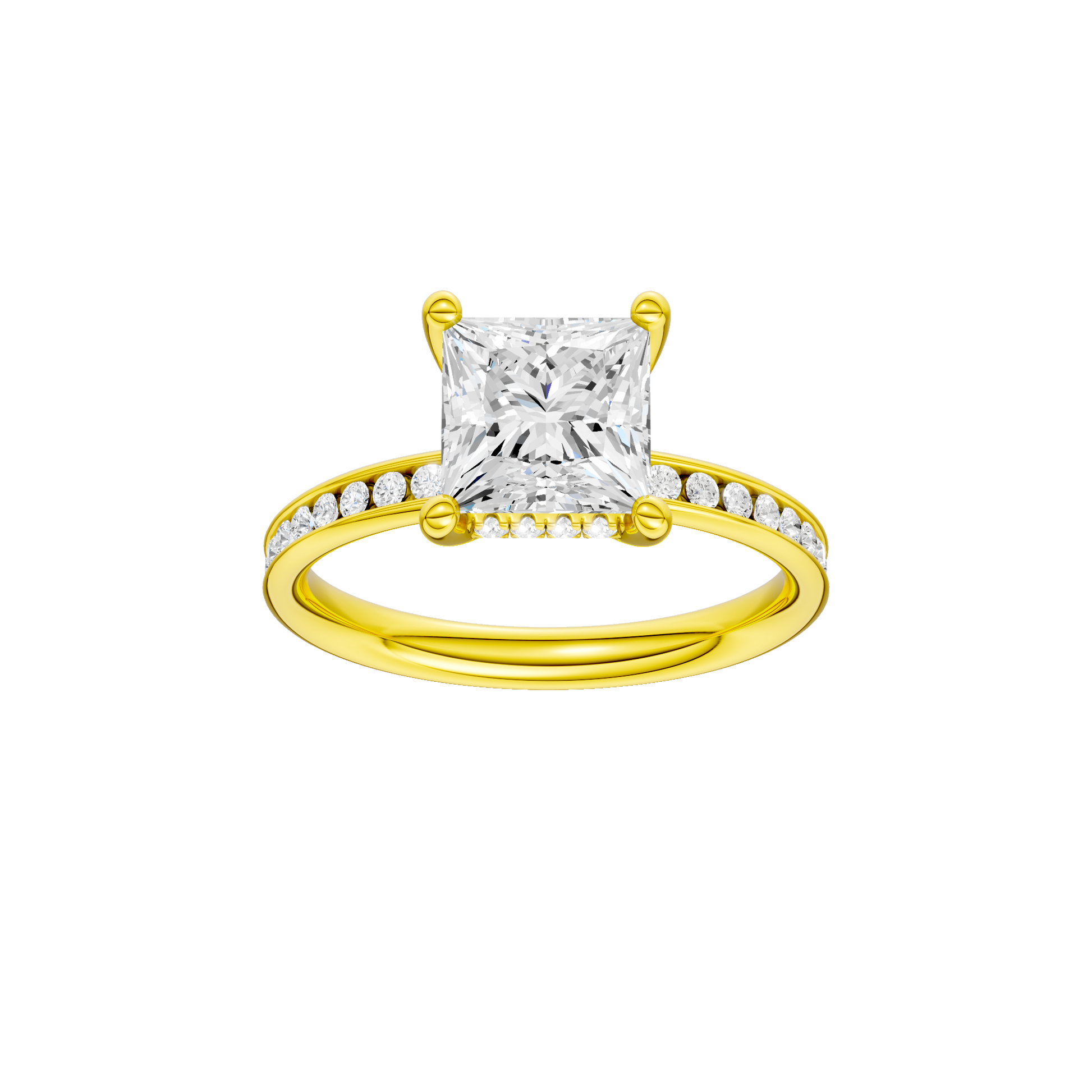 Princess-cut diamond engagement ring with a channel-set diamond band and hidden-halo setting.
