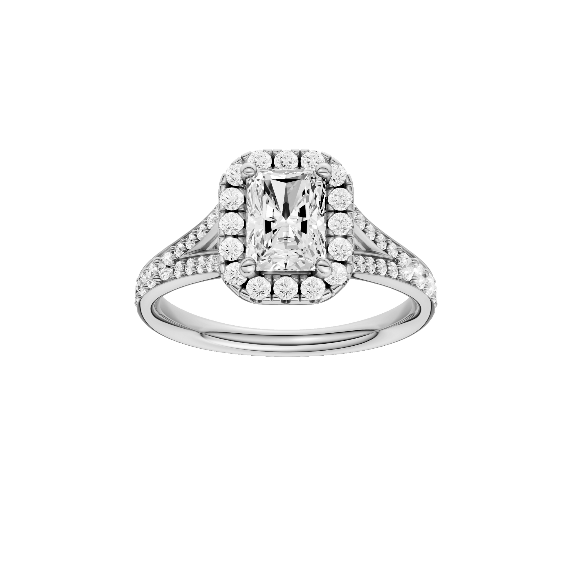 Radiant-cut diamond engagement ring with a channel-set diamond band and halo setting.