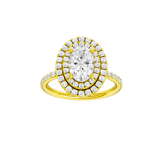 Oval-cut diamond engagement ring with a prong-set diamond band and double-halo setting.