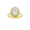 Oval-cut diamond engagement ring with a prong-set diamond band and double-halo setting.