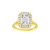 Emerald-cut diamond engagement ring with a plain band and halo setting.