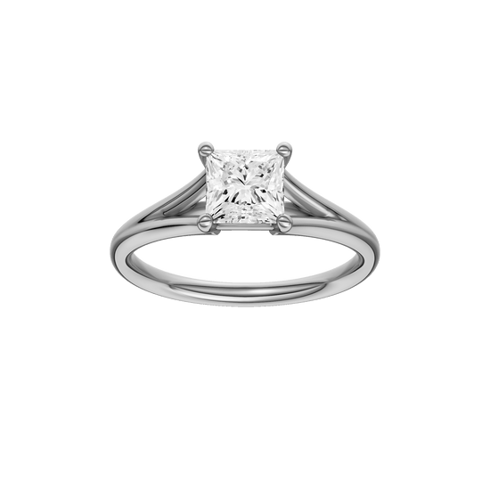 Princess-cut diamond engagement ring with a plain band and solitaire setting.
