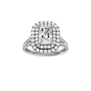 Radiant-cut diamond engagement ring with a channel-set diamond band and double-halo setting.