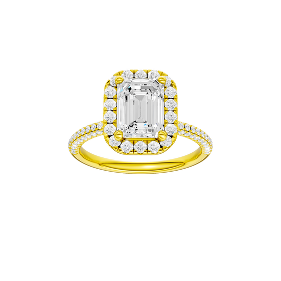 Emerald-cut diamond engagement ring with a pavé-set diamond band and halo setting.