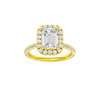Emerald-cut diamond engagement ring with a pavé-set diamond band and halo setting.