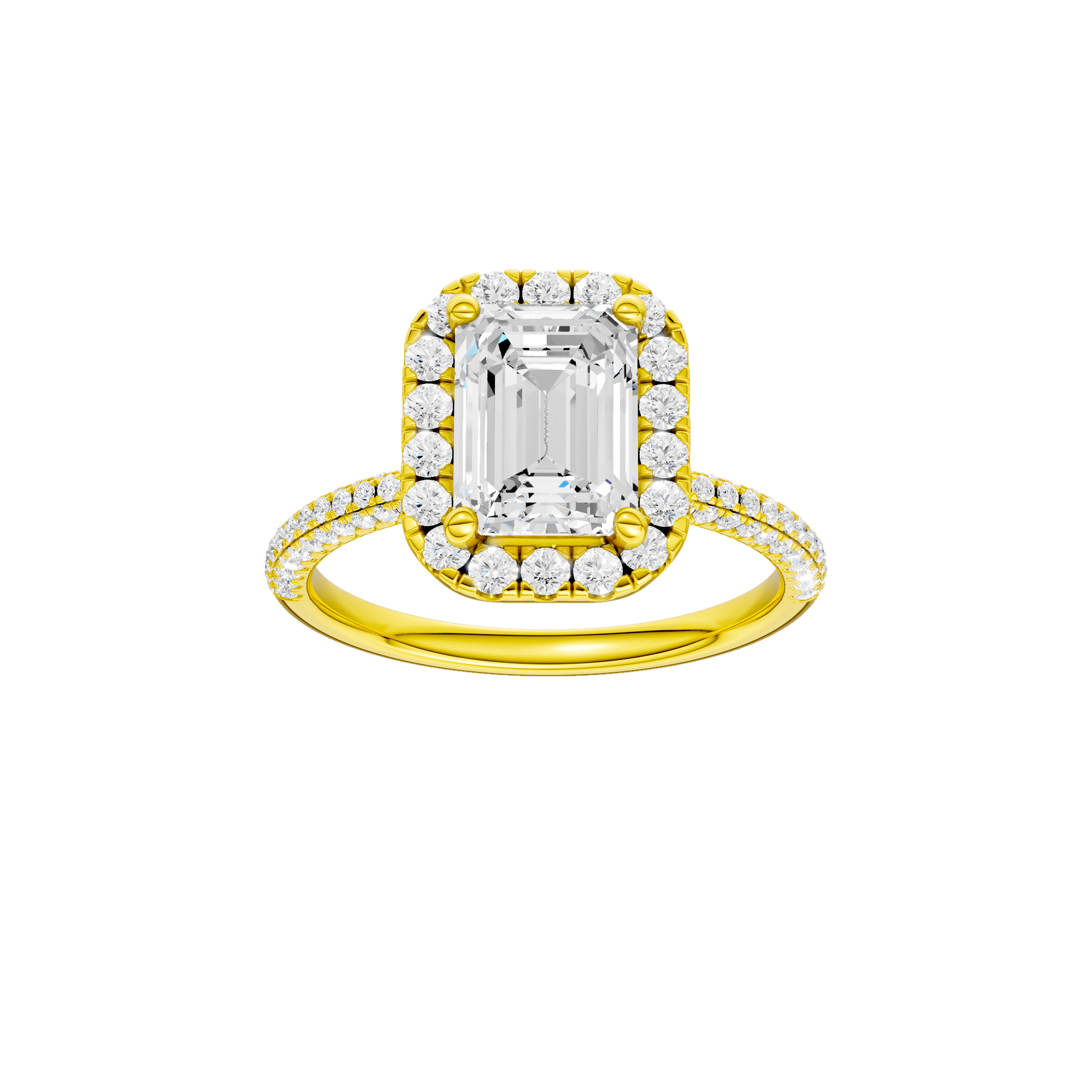 Emerald-cut diamond engagement ring with a pavé-set diamond band and halo setting.