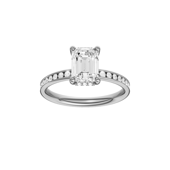 Emerald-cut diamond engagement ring with a channel-set diamond band and hidden-halo setting.