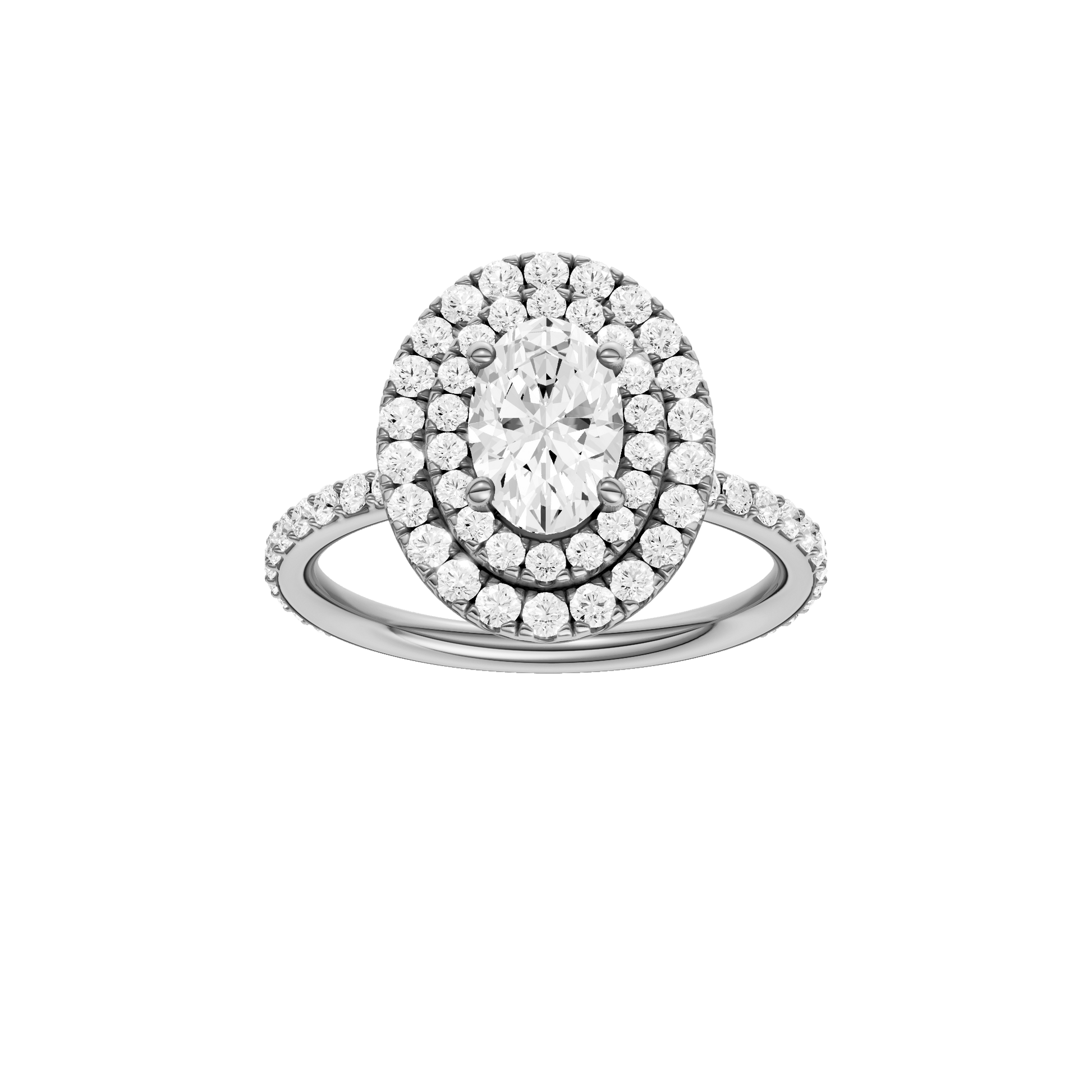 Oval-cut diamond engagement ring with a prong-set diamond band and double-halo setting.