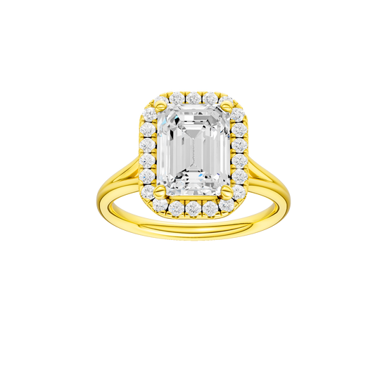 Emerald-cut diamond engagement ring with a plain band and halo setting.