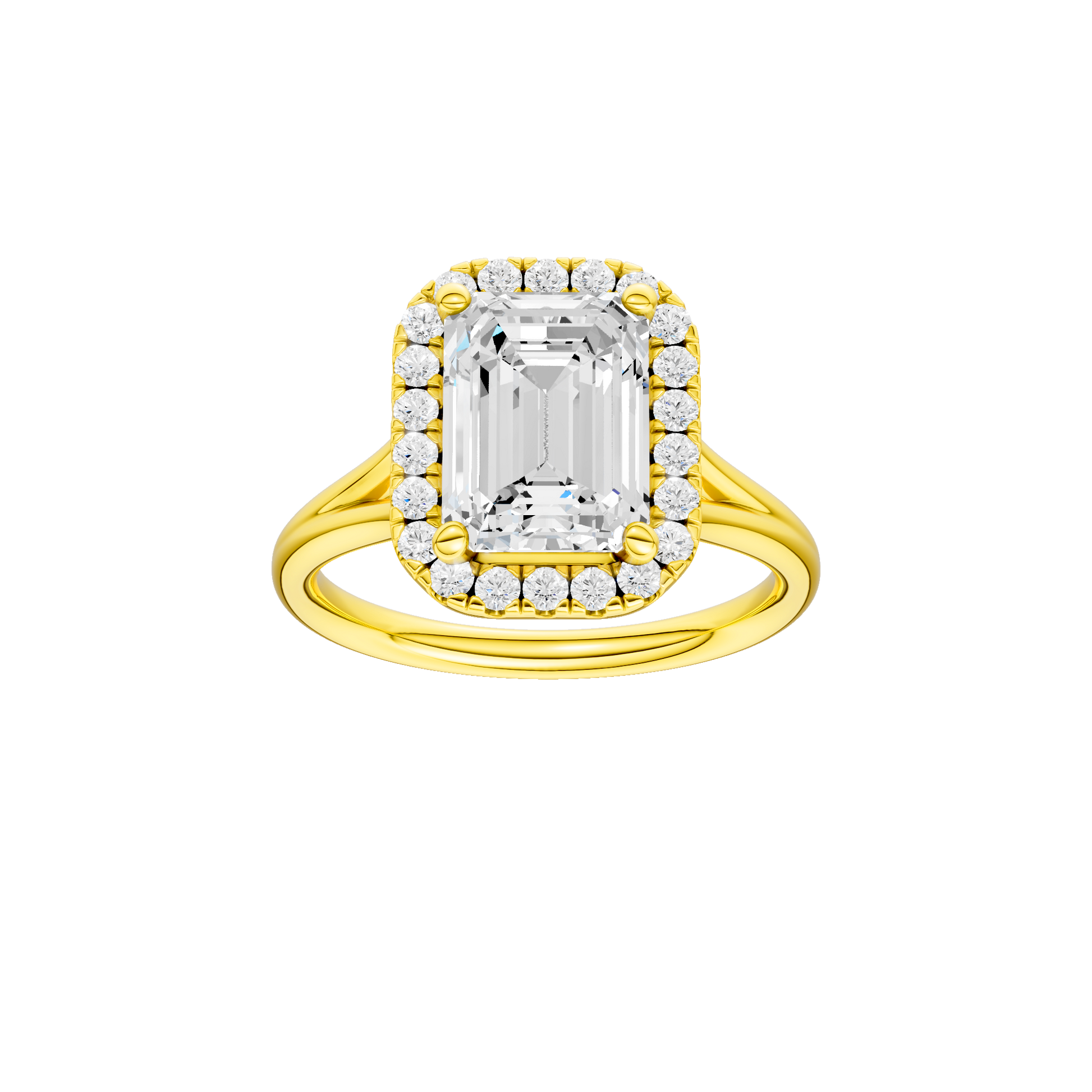 Emerald-cut diamond engagement ring with a plain band and halo setting.