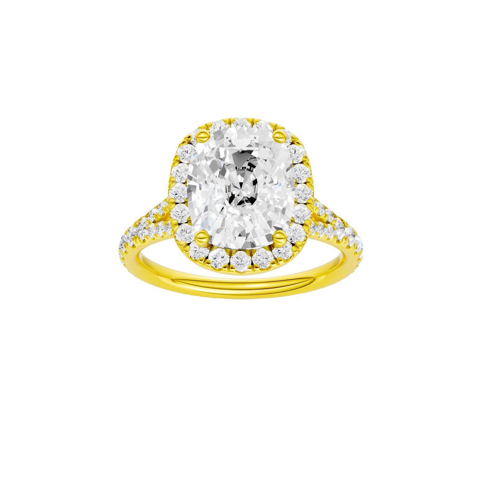 Elongated cushion-cut diamond engagement ring with a prong-set diamond band and halo setting.