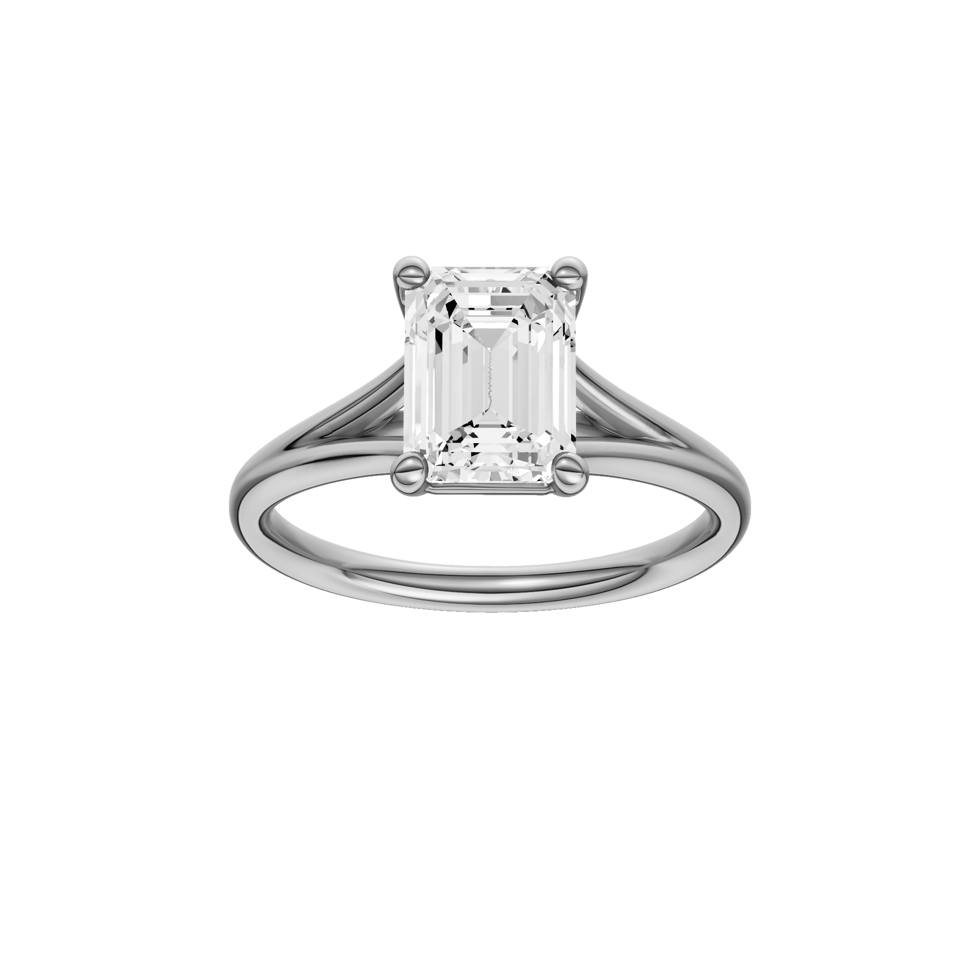Emerald-cut diamond engagement ring with a plain band and solitaire setting.