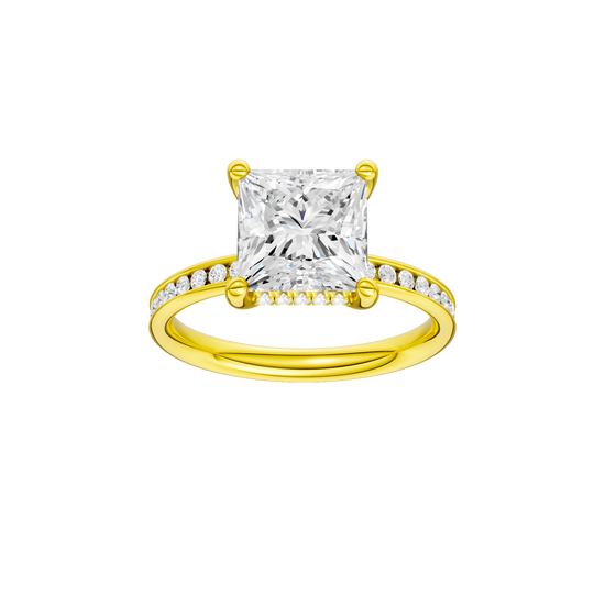 Princess-cut diamond engagement ring with a channel-set diamond band and hidden-halo setting.
