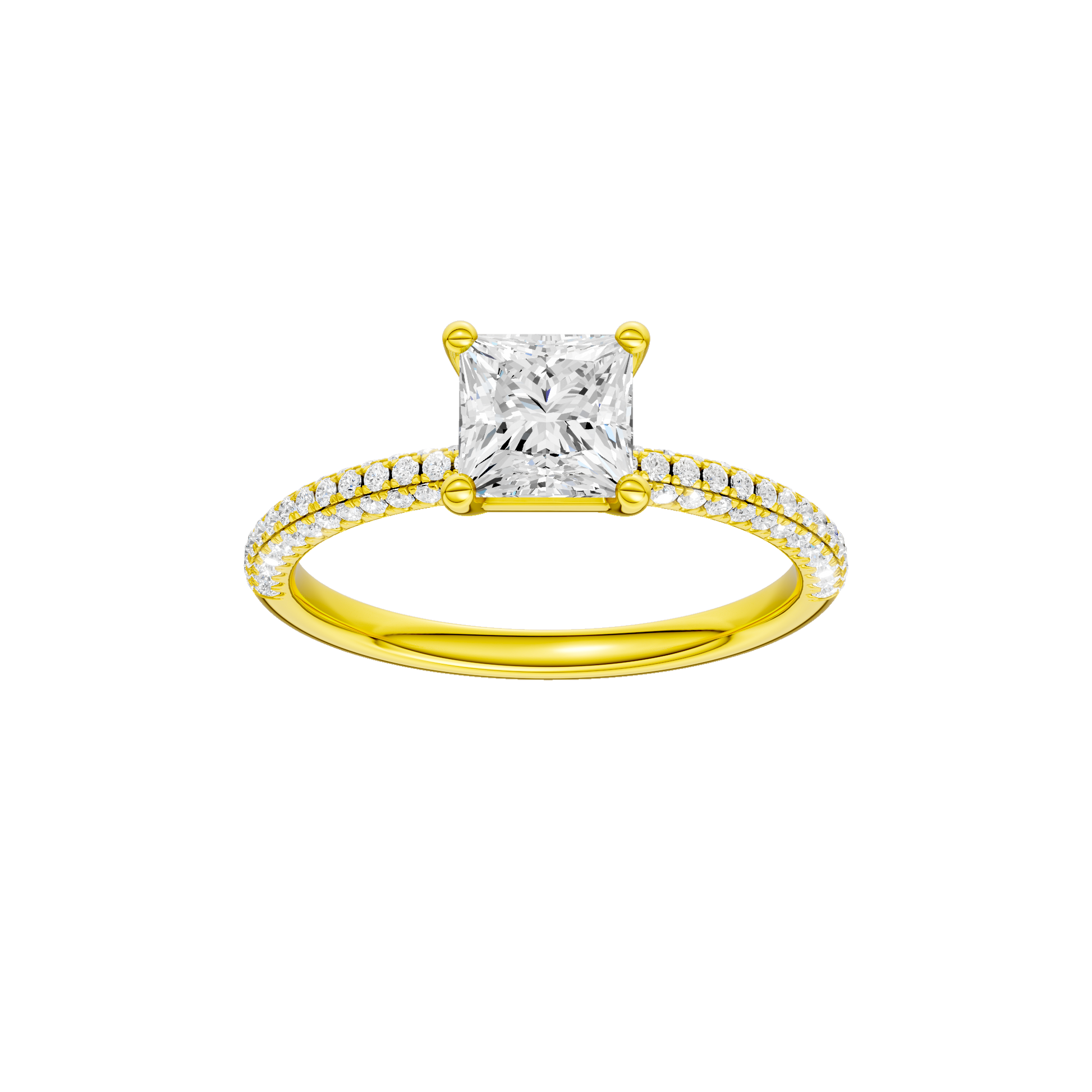 Princess-cut diamond engagement ring with a pavé-set diamond band and solitaire setting.