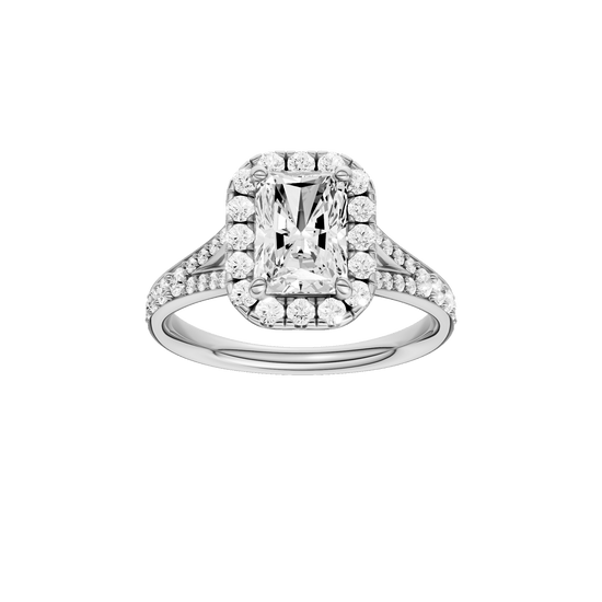 Radiant-cut diamond engagement ring with a channel-set diamond band and halo setting.