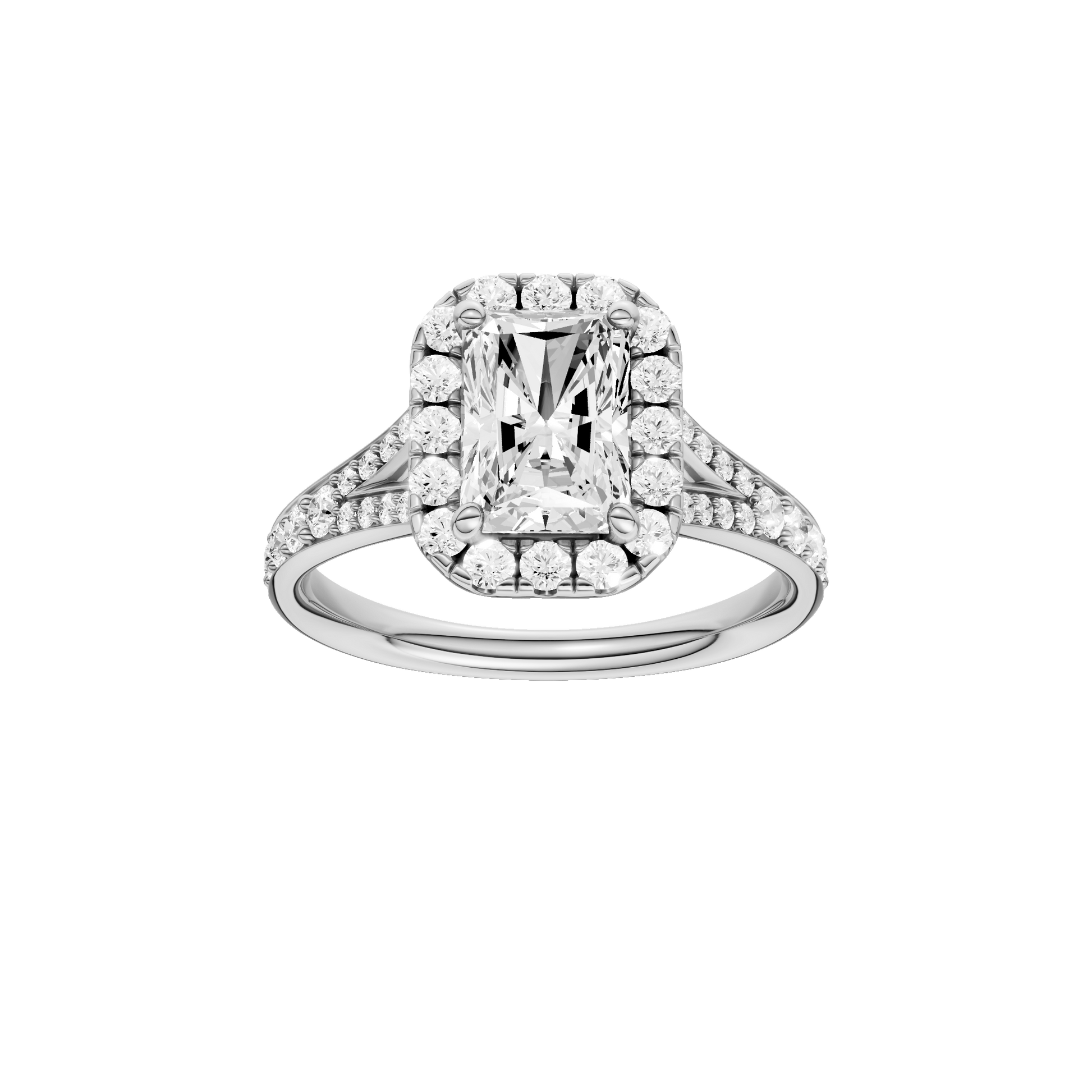 Radiant-cut diamond engagement ring with a channel-set diamond band and halo setting.