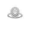 Oval-cut diamond engagement ring with a prong-set diamond band and double-halo setting.