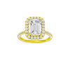 Emerald-cut diamond engagement ring with a pavé-set diamond band and halo setting.