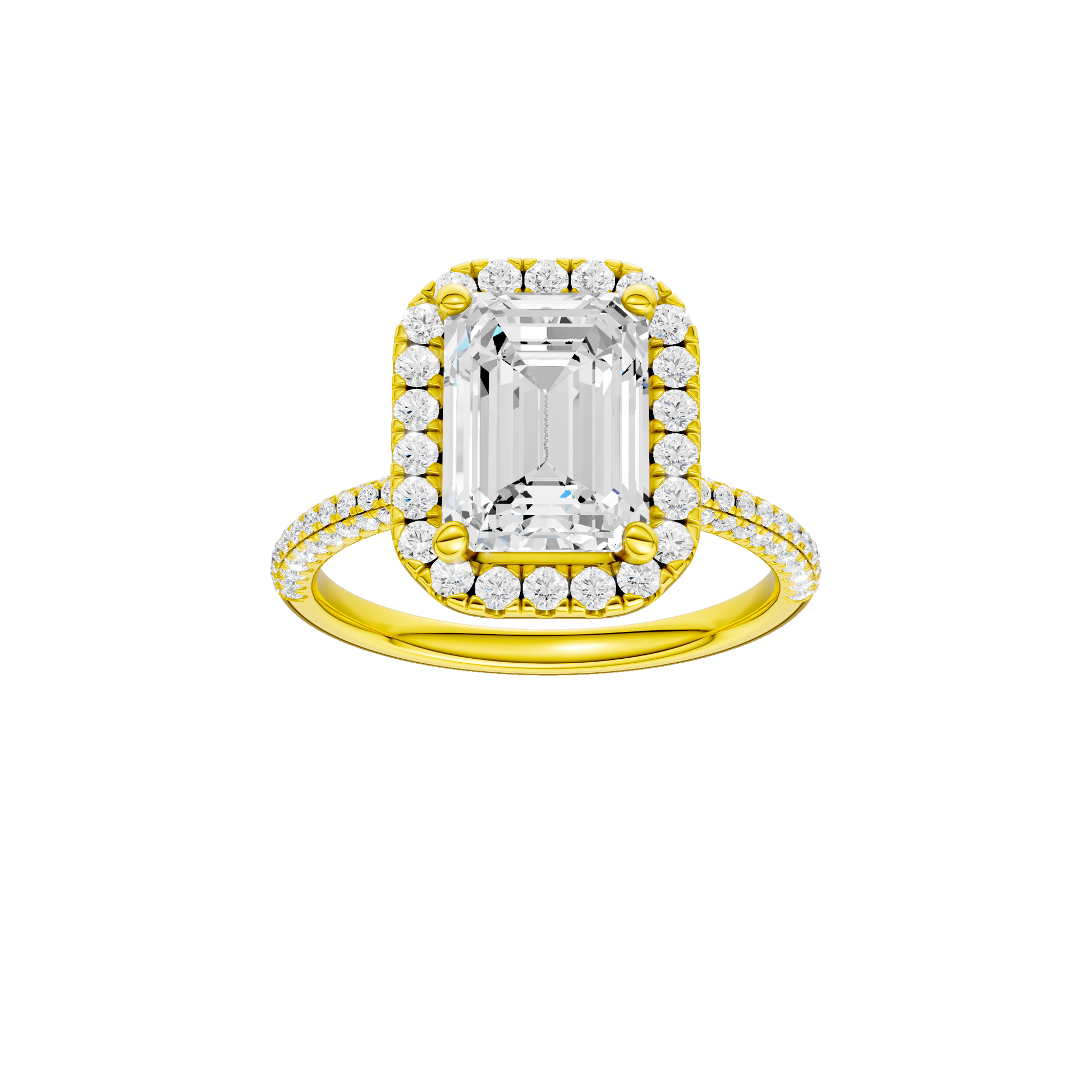 Emerald-cut diamond engagement ring with a pavé-set diamond band and halo setting.