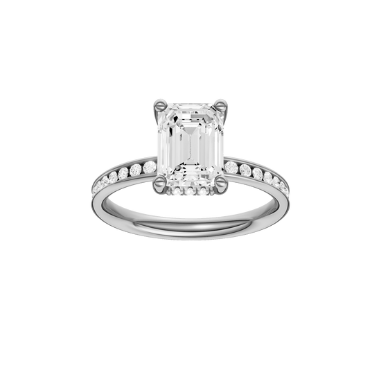 Emerald-cut diamond engagement ring with a channel-set diamond band and hidden-halo setting.