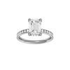 Emerald-cut diamond engagement ring with a channel-set diamond band and hidden-halo setting.