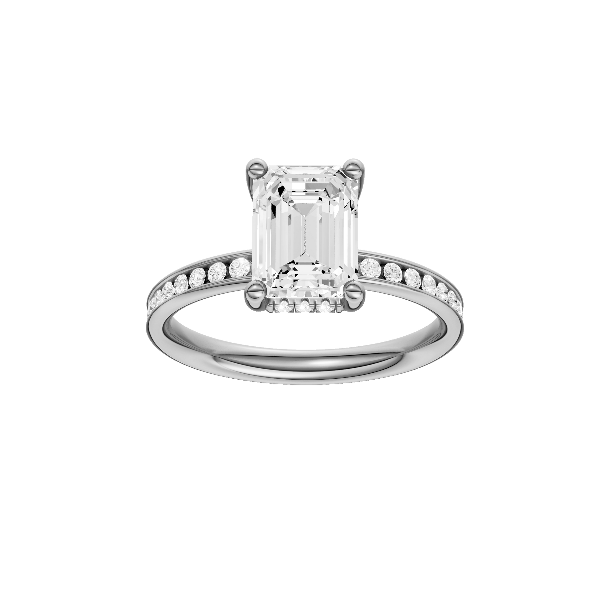 Emerald-cut diamond engagement ring with a channel-set diamond band and hidden-halo setting.