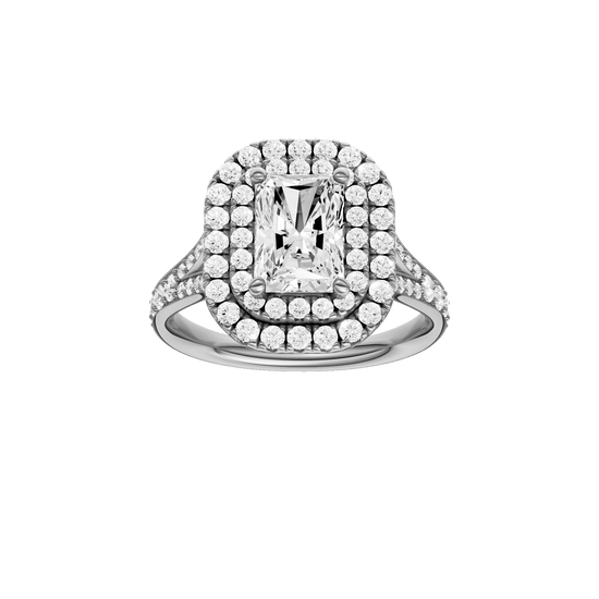 Radiant-cut diamond engagement ring with a channel-set diamond band and double-halo setting.