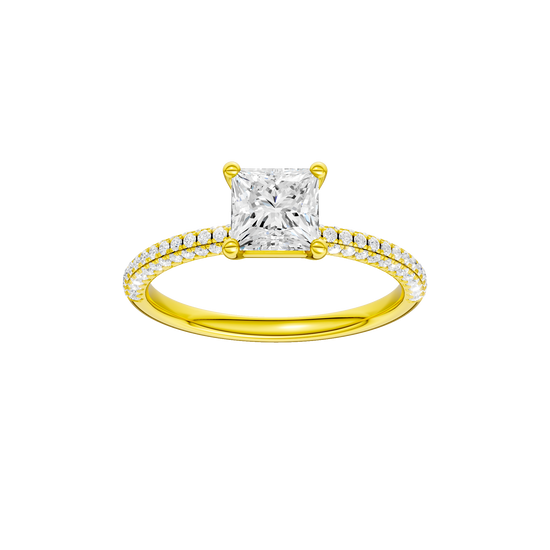Princess-cut diamond engagement ring with a pavé-set diamond band and solitaire setting.