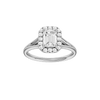 Emerald-cut diamond engagement ring with a plain band and halo setting.