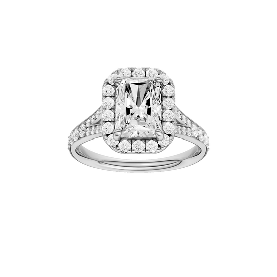 Radiant-cut diamond engagement ring with a channel-set diamond band and halo setting.