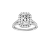 Radiant-cut diamond engagement ring with a channel-set diamond band and halo setting.