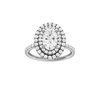 Oval-cut diamond engagement ring with a prong-set diamond band and double-halo setting.
