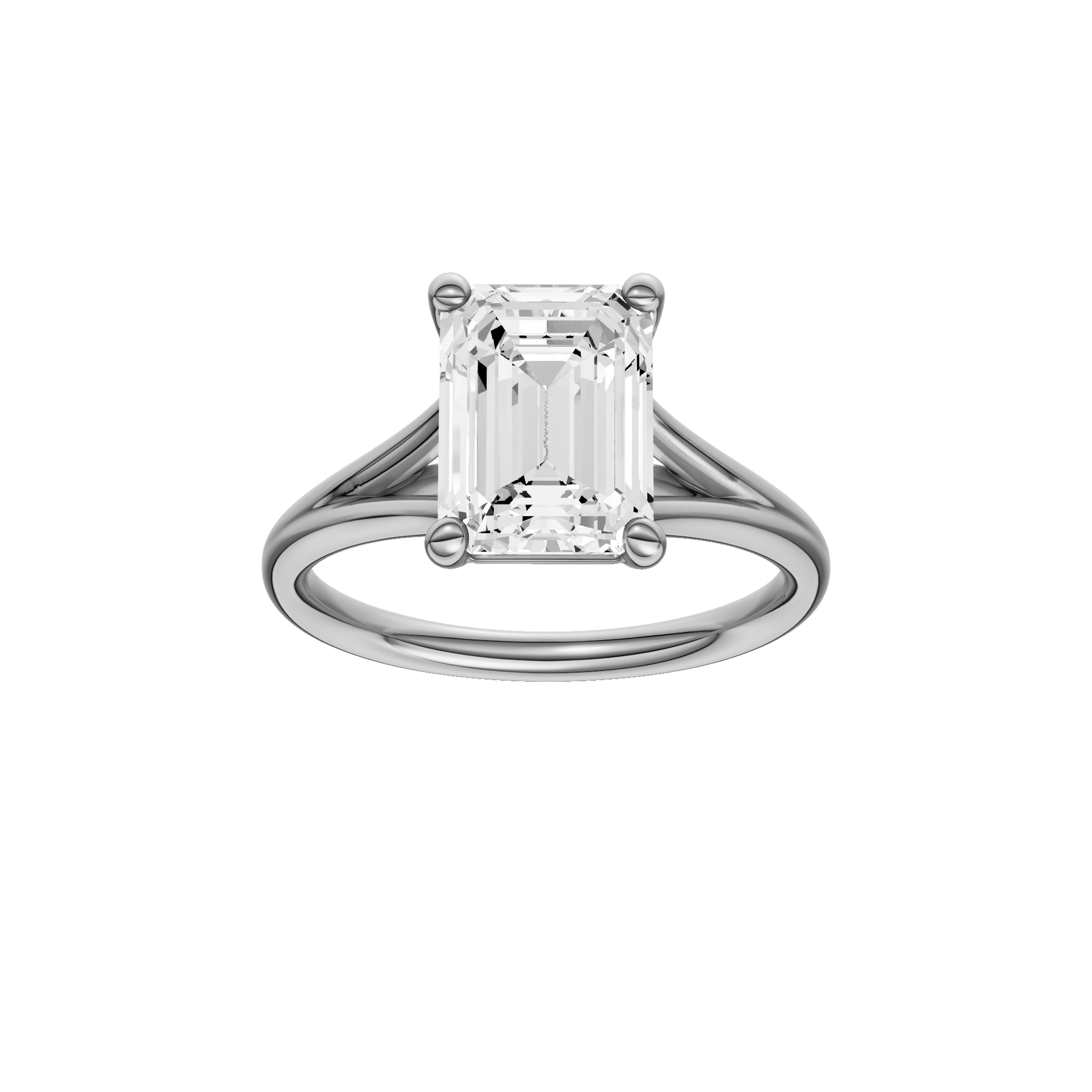 Emerald-cut diamond engagement ring with a plain band and solitaire setting.