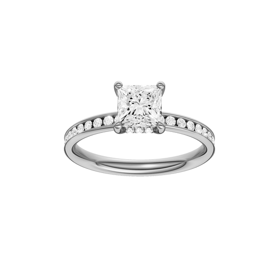 Princess-cut diamond engagement ring with a channel-set diamond band and hidden-halo setting.